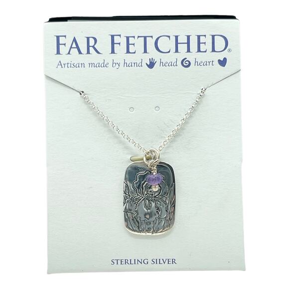 Far Fetched Amethyst Iris Flower Quote Pendant Necklace 925 Sterling Silver - Picture 4 of 4